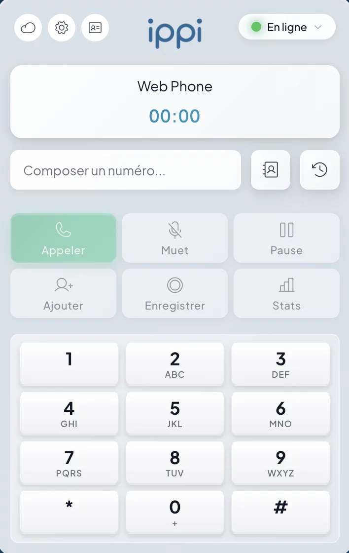 ippi webphone in the browser: keypad, phonebook, history, Call, Mute, Hold and Record buttons